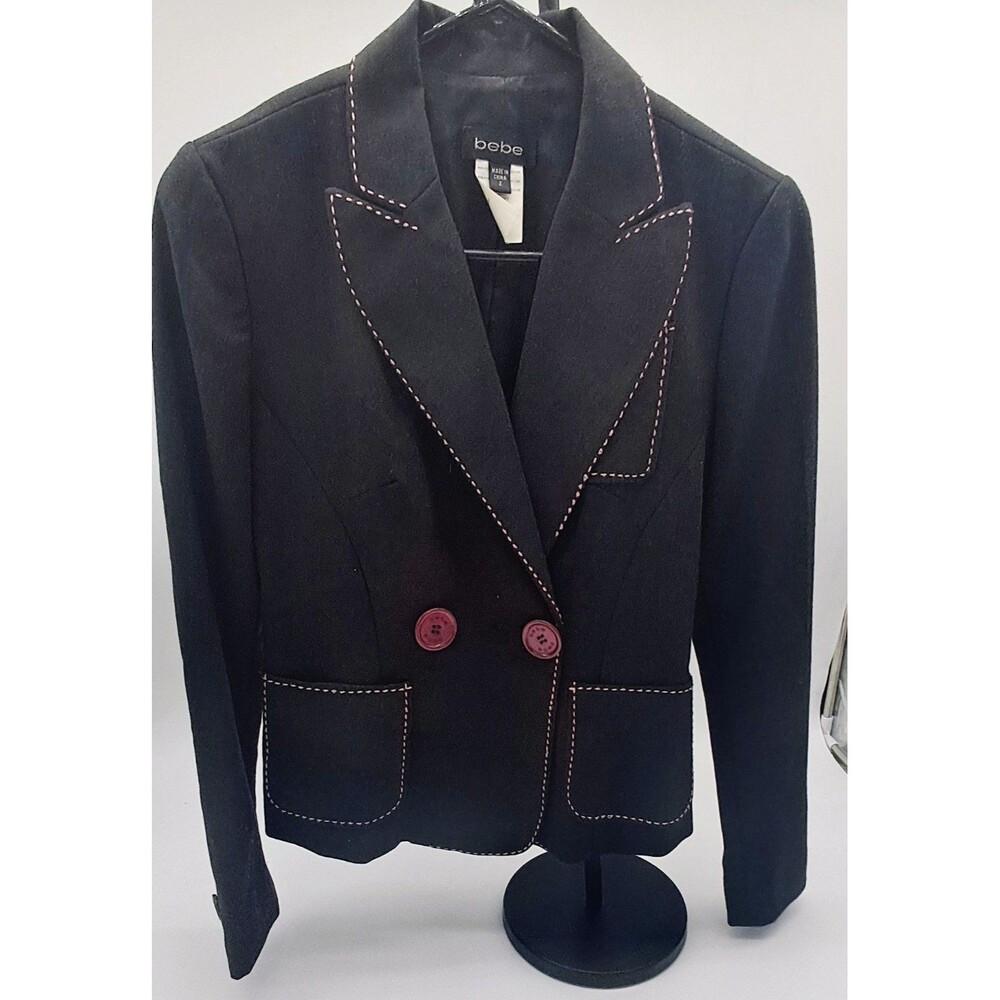 Vintage BEBE Contrast Stitch Blazer Size 2 Jacket Black Pink Buttons Cropped Y2K